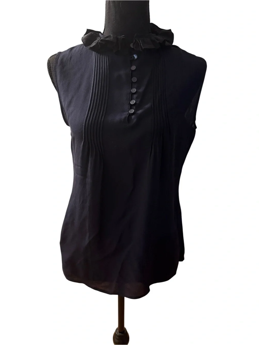 Tory Burch SILK Ruffled Bib Collar Sleeveless Blouse Top Navy Black Size 8